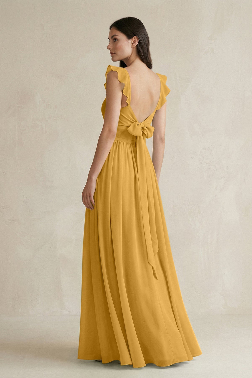 Ruffled Spaghetti Strap Chiffon A - Line Bridesmaid Dress in Marigold - KISS BRIDAL Bridesmaid Dresses