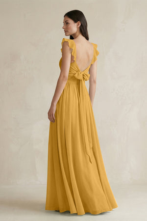 Ruffled Spaghetti Strap Chiffon A - Line Bridesmaid Dress in Marigold - KISS BRIDAL Bridesmaid Dresses