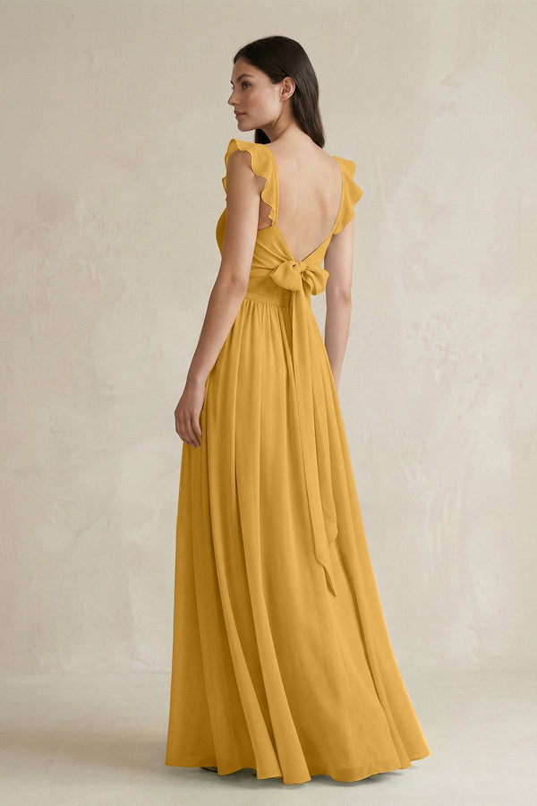 Ruffled Spaghetti Strap Chiffon A - Line Bridesmaid Dress in Marigold - KISS BRIDAL Bridesmaid Dresses