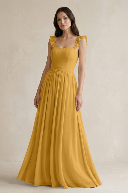 Ruffled Spaghetti Strap Chiffon A - Line Bridesmaid Dress in Marigold - KISS BRIDAL Bridesmaid Dresses