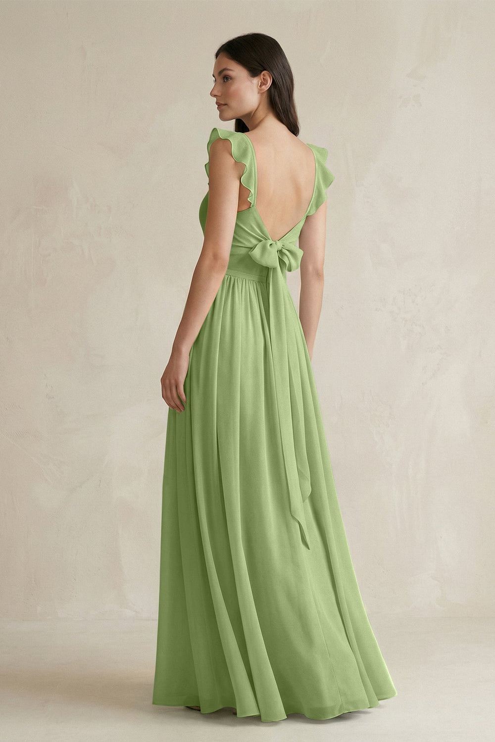 Ruffled Spaghetti Strap Chiffon A - Line Bridesmaid Dress in Matcha - SHE IS ME Bridesmaid Dresses