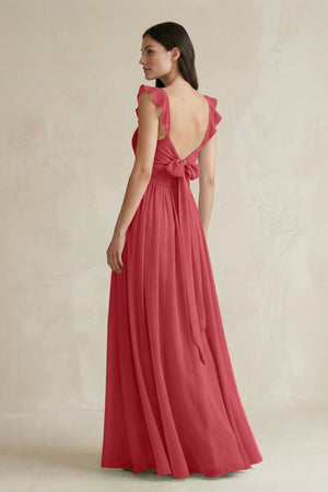 Ruffled Spaghetti Strap Chiffon A - Line Bridesmaid Dress in Merlot - SHE IS ME Bridesmaid Dresses