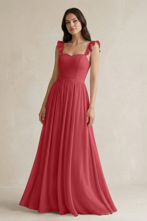 Ruffled Spaghetti Strap Chiffon A - Line Bridesmaid Dress in Merlot - SHE IS ME Bridesmaid Dresses