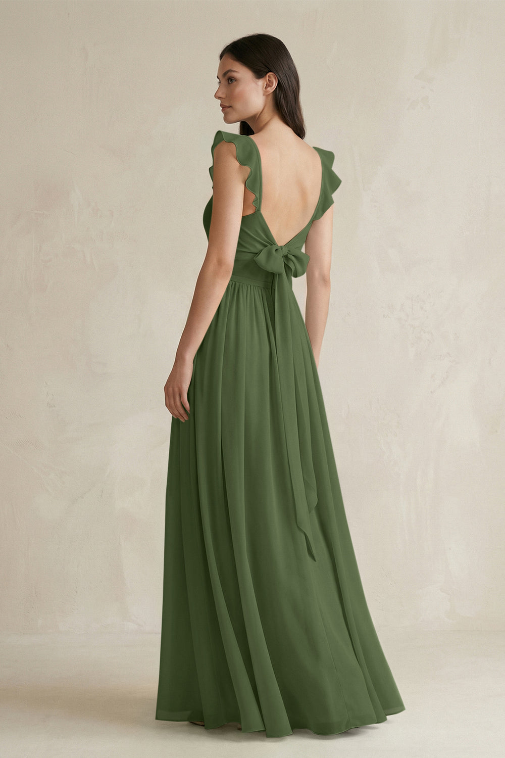 Ruffled Spaghetti Strap Chiffon A-Line Bridesmaid Dress in Moss