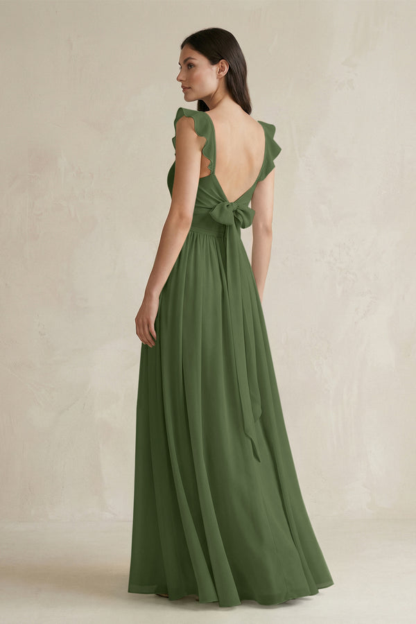 Ruffled Spaghetti Strap Chiffon A-Line Bridesmaid Dress in Moss (2) | KISSBRIDAL