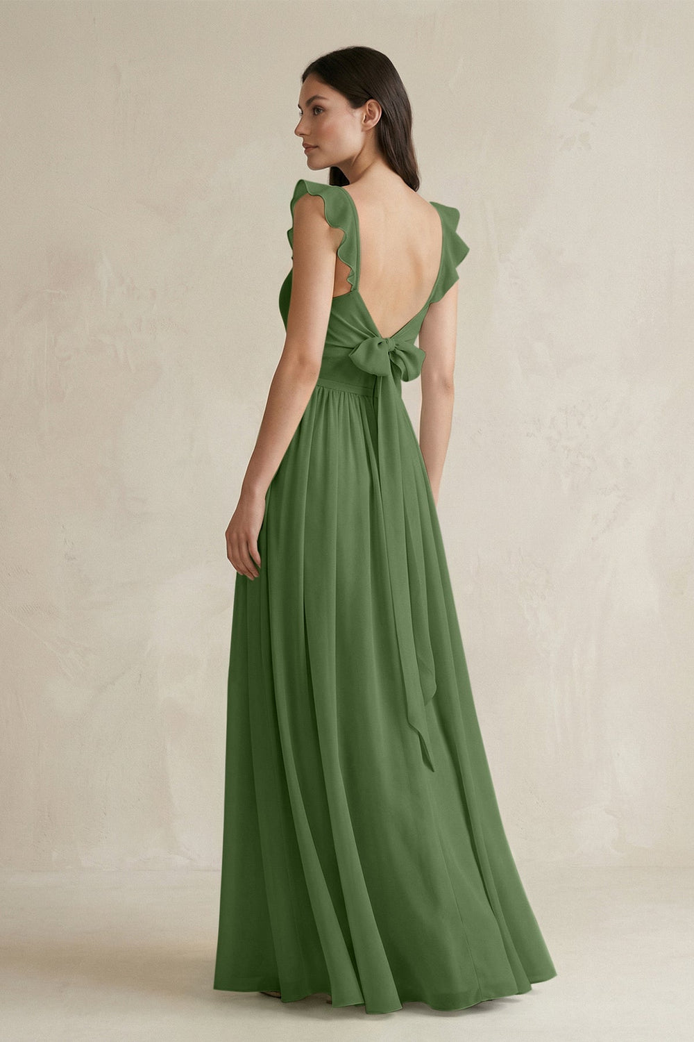 Ruffled Spaghetti Strap Chiffon A - Line Bridesmaid Dress in Moss - KISS BRIDAL Bridesmaid Dresses