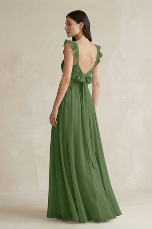 Ruffled Spaghetti Strap Chiffon A - Line Bridesmaid Dress in Moss - KISS BRIDAL Bridesmaid Dresses
