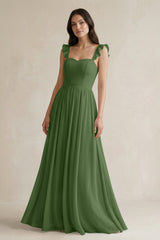 Ruffled Spaghetti Strap Chiffon A - Line Bridesmaid Dress in Moss - KISS BRIDAL Bridesmaid Dresses