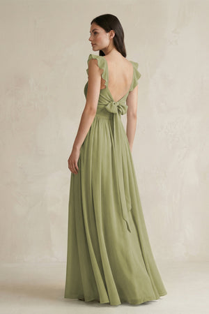 Ruffled Spaghetti Strap Chiffon A - Line Bridesmaid Dress in Moss Green - SHE IS ME Bridesmaid Dresses