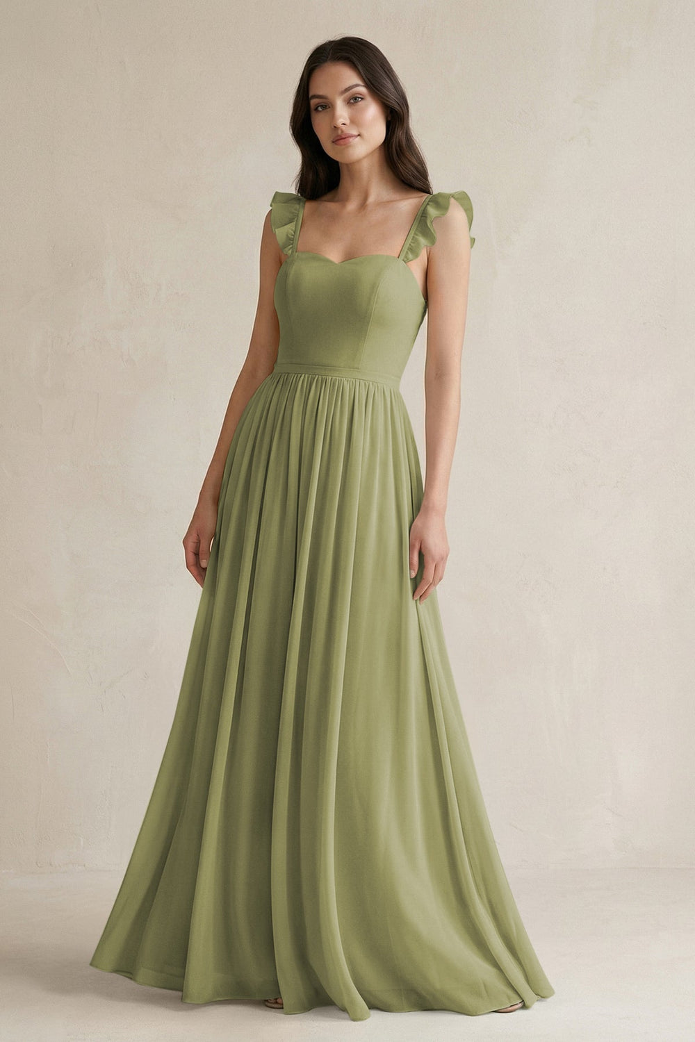 Ruffled Spaghetti Strap Chiffon A - Line Bridesmaid Dress in Moss Green - SHE IS ME Bridesmaid Dresses
