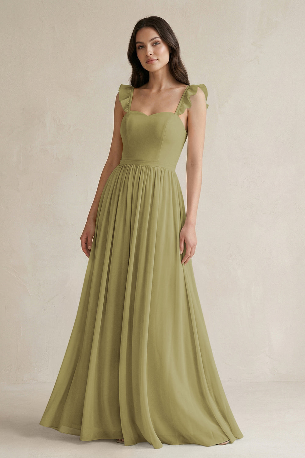 Ruffled Spaghetti Strap Chiffon A-Line Bridesmaid Dress in Moss Green
