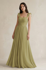 Ruffled Spaghetti Strap Chiffon A-Line Bridesmaid Dress in Moss Green | KISSBRIDAL
