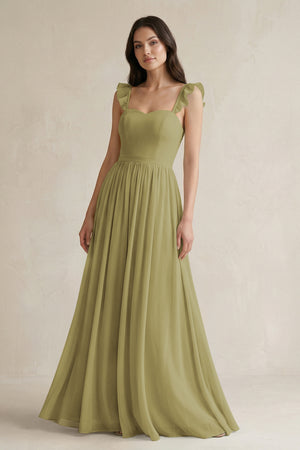 Ruffled Spaghetti Strap Chiffon A-Line Bridesmaid Dress in Moss Green | KISSBRIDAL