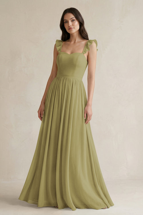 Ruffled Spaghetti Strap Chiffon A-Line Bridesmaid Dress in Moss Green | KISSBRIDAL