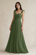Ruffled Spaghetti Strap Chiffon A-Line Bridesmaid Dress in Moss | KISSBRIDAL