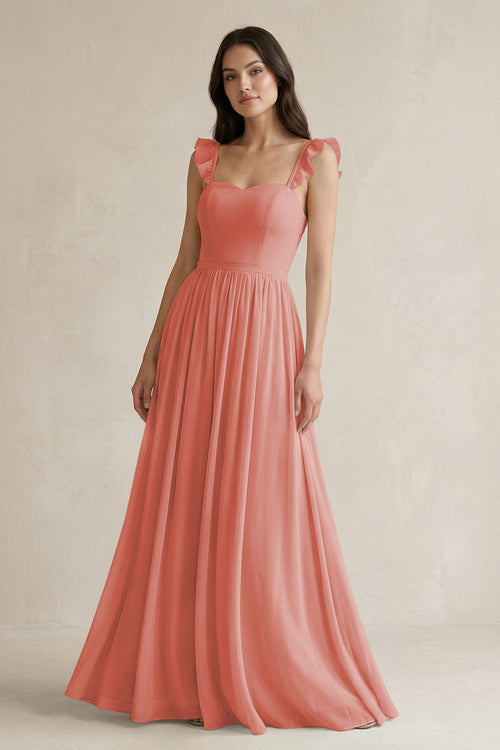Ruffled Spaghetti Strap Chiffon A - Line Bridesmaid Dress in Mulberry - KISS BRIDAL Bridesmaid Dresses