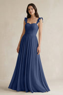 Ruffled Spaghetti Strap Chiffon A - Line Bridesmaid Dress in Navy - KISS BRIDAL Bridesmaid Dresses