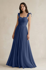 Ruffled Spaghetti Strap Chiffon A - Line Bridesmaid Dress in Navy - KISS BRIDAL Bridesmaid Dresses