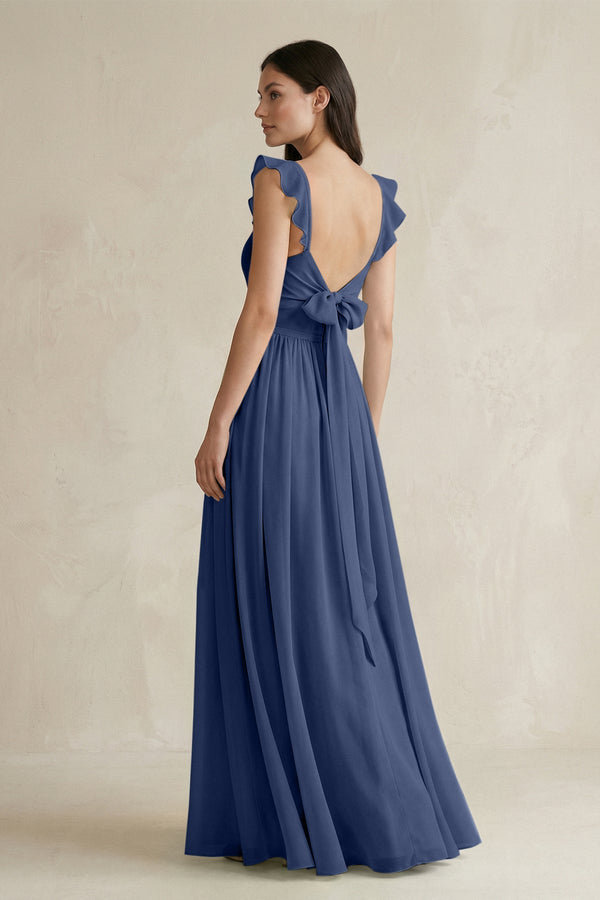 Ruffled Spaghetti Strap Chiffon A - Line Bridesmaid Dress in Navy - KISS BRIDAL Bridesmaid Dresses
