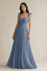 Ruffled Spaghetti Strap Chiffon A - Line Bridesmaid Dress in Neptune - KISS BRIDAL Bridesmaid Dresses