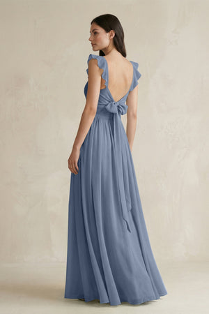 Ruffled Spaghetti Strap Chiffon A - Line Bridesmaid Dress in Neptune - KISS BRIDAL Bridesmaid Dresses