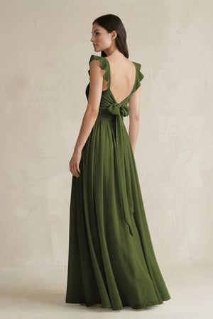 Ruffled Spaghetti Strap Chiffon A - Line Bridesmaid Dress in Olive - KISS BRIDAL Bridesmaid Dresses