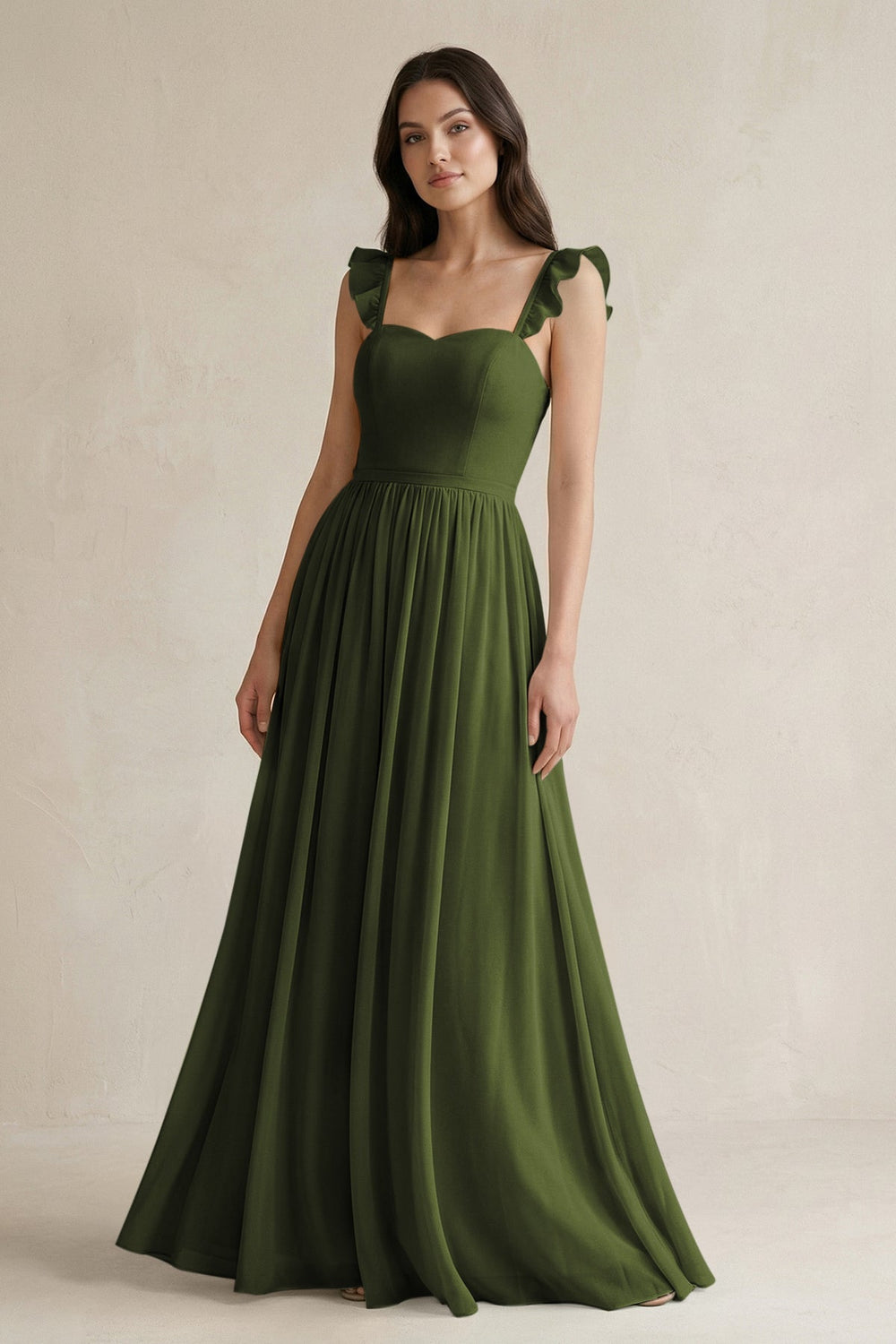 Ruffled Spaghetti Strap Chiffon A - Line Bridesmaid Dress in Olive - KISS BRIDAL Bridesmaid Dresses