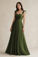 Ruffled Spaghetti Strap Chiffon A - Line Bridesmaid Dress in Olive - KISS BRIDAL Bridesmaid Dresses