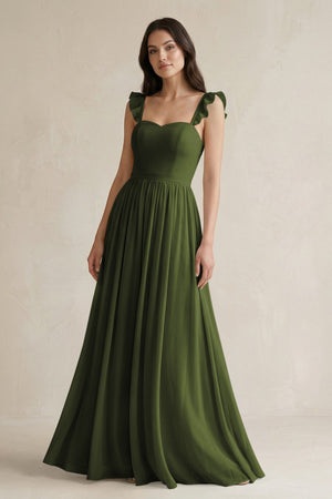 Ruffled Spaghetti Strap Chiffon A - Line Bridesmaid Dress in Olive - KISS BRIDAL Bridesmaid Dresses