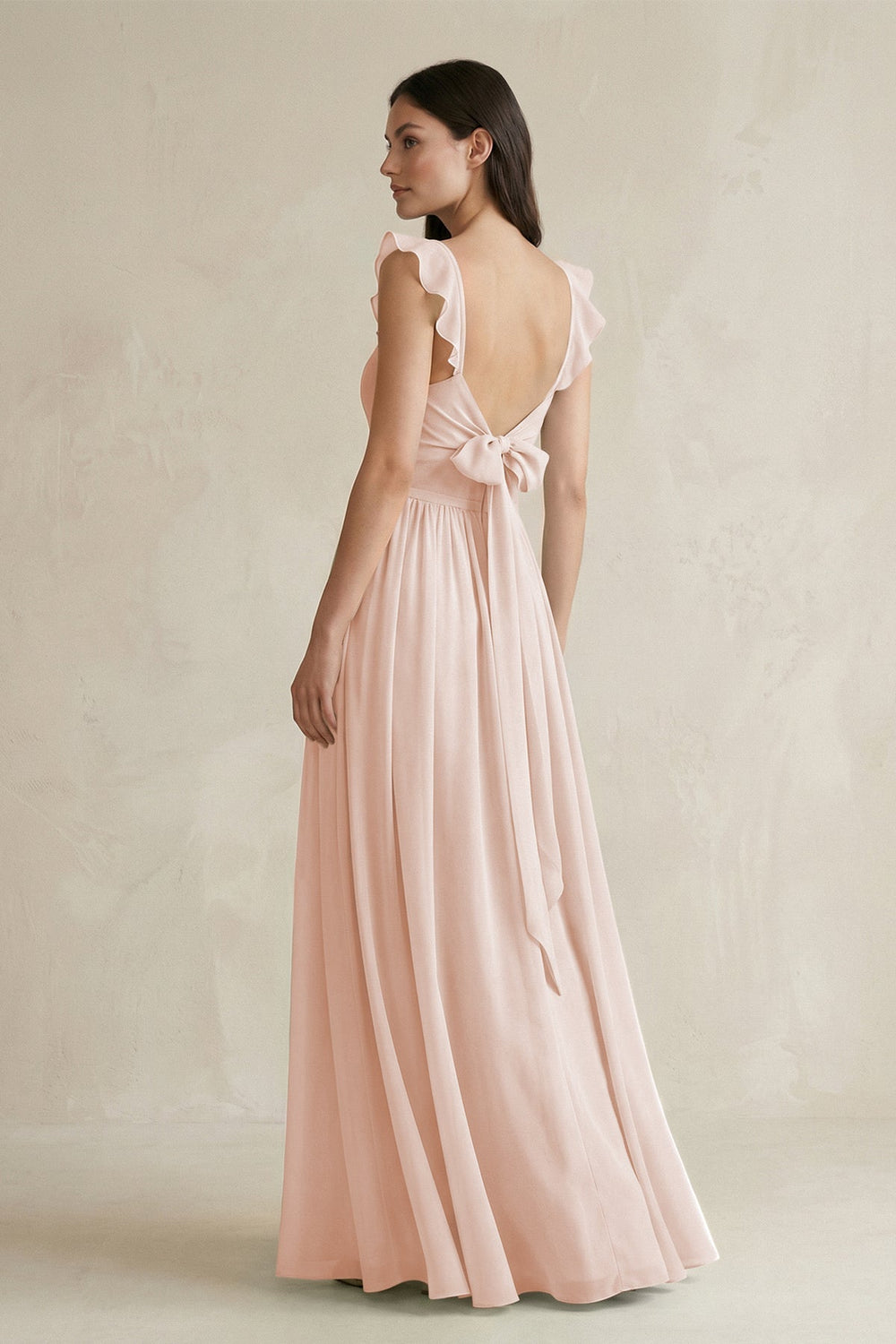 Ruffled Spaghetti Strap Chiffon A - Line Bridesmaid Dress in Pale Blush - KISS BRIDAL Bridesmaid Dresses