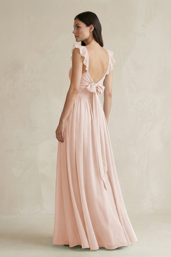 Ruffled Spaghetti Strap Chiffon A - Line Bridesmaid Dress in Pale Blush - KISS BRIDAL Bridesmaid Dresses