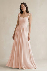 Ruffled Spaghetti Strap Chiffon A - Line Bridesmaid Dress in Pale Blush - KISS BRIDAL Bridesmaid Dresses
