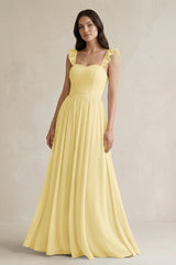 Ruffled Spaghetti Strap Chiffon A - Line Bridesmaid Dress in Pastel Yellow - KISS BRIDAL Bridesmaid Dresses