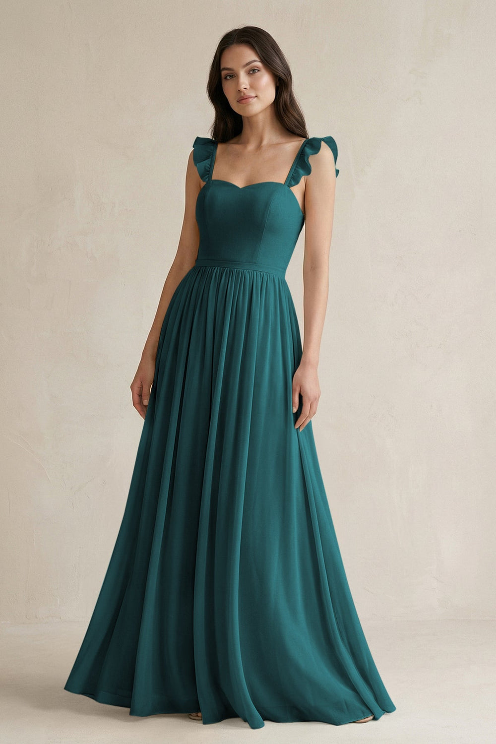 Ruffled Spaghetti Strap Chiffon A - Line Bridesmaid Dress in Pine - KISS BRIDAL Bridesmaid Dresses