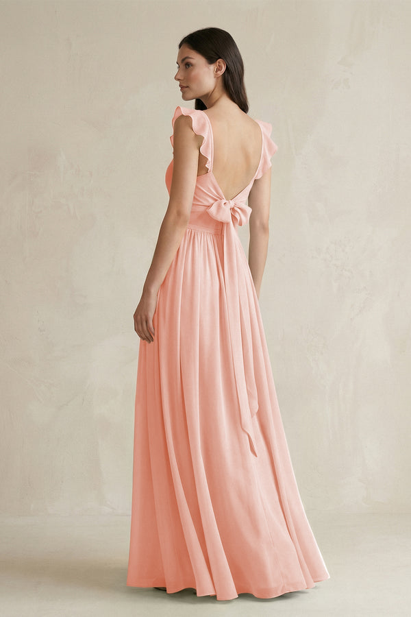 Ruffled Spaghetti Strap Chiffon A - Line Bridesmaid Dress in Rose Petal - KISS BRIDAL Bridesmaid Dresses