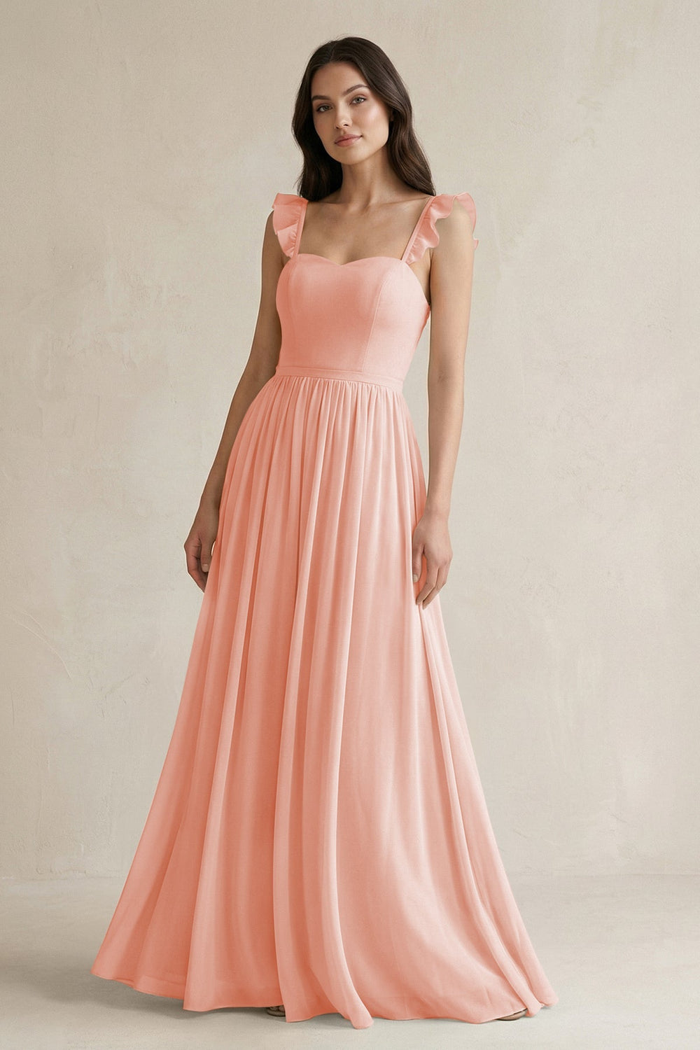 Ruffled Spaghetti Strap Chiffon A - Line Bridesmaid Dress in Rose Petal - KISS BRIDAL Bridesmaid Dresses