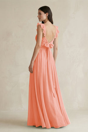 Ruffled Spaghetti Strap Chiffon A - Line Bridesmaid Dress in Rosette - KISS BRIDAL Bridesmaid Dresses
