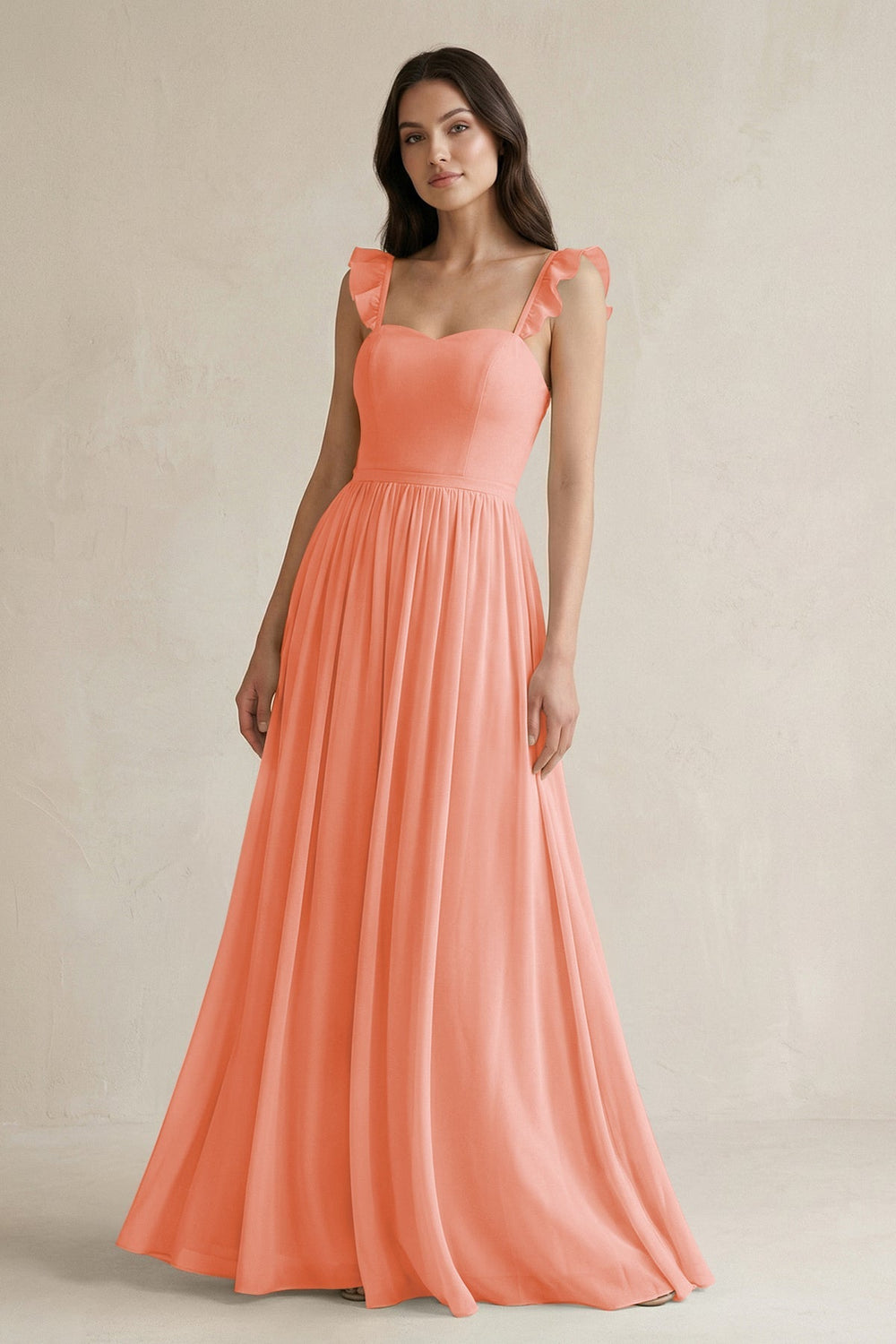 Ruffled Spaghetti Strap Chiffon A - Line Bridesmaid Dress in Rosette - KISS BRIDAL Bridesmaid Dresses