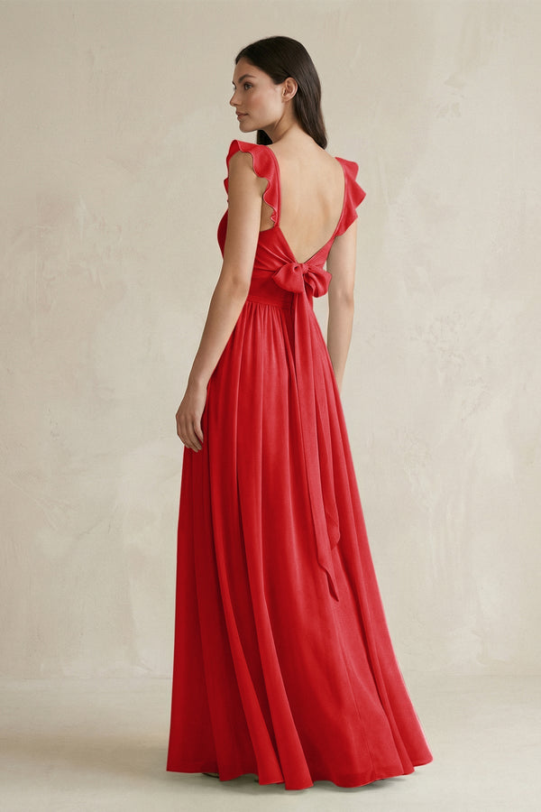Ruffled Spaghetti Strap Chiffon A - Line Bridesmaid Dress in Ruby Red - SHE IS ME Bridesmaid Dresses