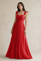 Ruffled Spaghetti Strap Chiffon A - Line Bridesmaid Dress in Ruby Red - KISS BRIDAL Bridesmaid Dresses