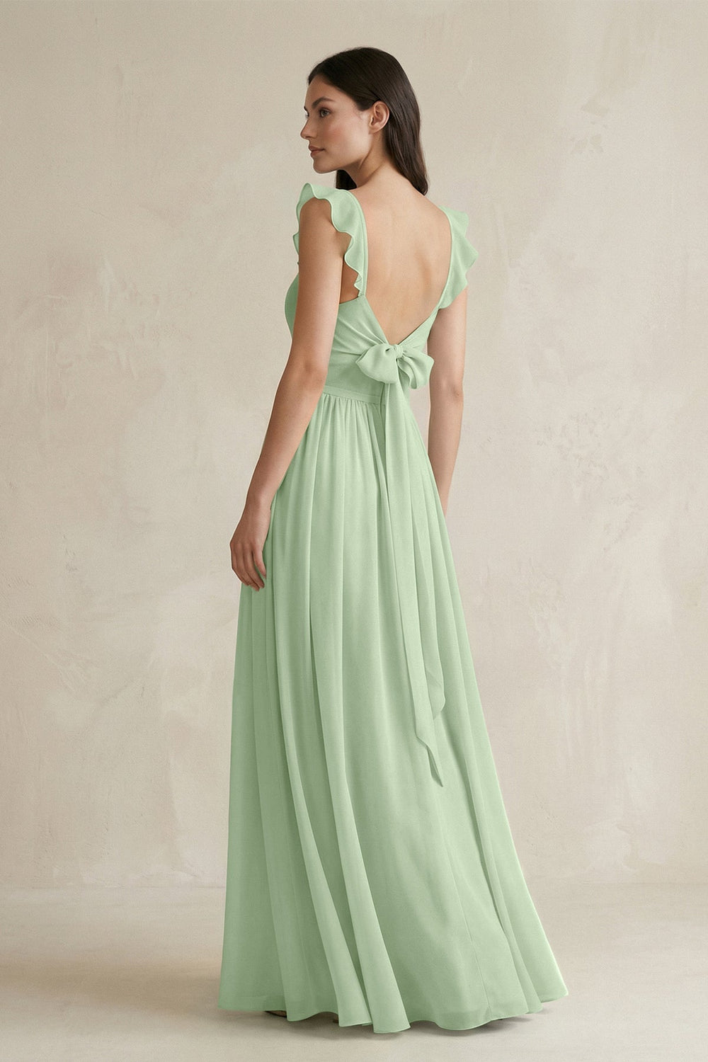 Ruffled Spaghetti Strap Chiffon A - Line Bridesmaid Dress in Sage - SHE IS ME Bridesmaid Dresses