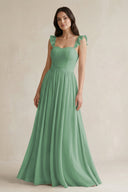 Ruffled Spaghetti Strap Chiffon A - Line Bridesmaid Dress in Sea Glass - SHE IS ME Bridesmaid Dresses