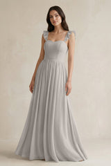 Ruffled Spaghetti Strap Chiffon A - Line Bridesmaid Dress in Silver - KISS BRIDAL Bridesmaid Dresses