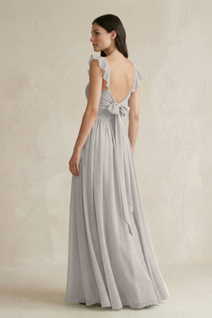 Ruffled Spaghetti Strap Chiffon A - Line Bridesmaid Dress in Silver - SHE IS ME Bridesmaid Dresses