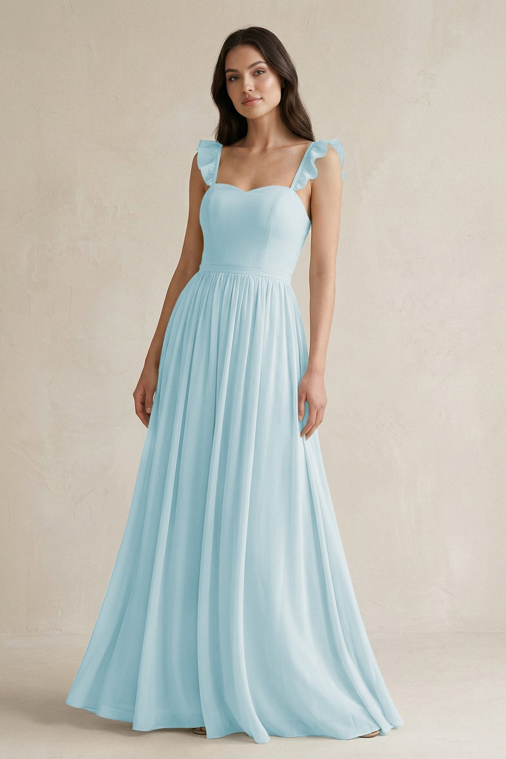 Ruffled Spaghetti Strap Chiffon A - Line Bridesmaid Dress in Sky Blue - KISS BRIDAL Bridesmaid Dresses