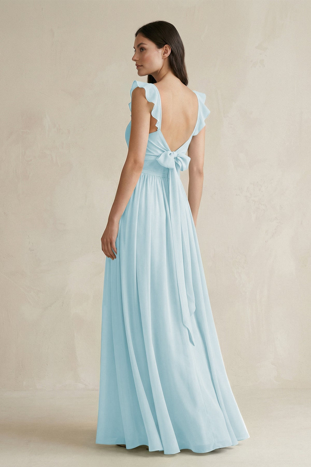 Ruffled Spaghetti Strap Chiffon A - Line Bridesmaid Dress in Sky Blue - KISS BRIDAL Bridesmaid Dresses