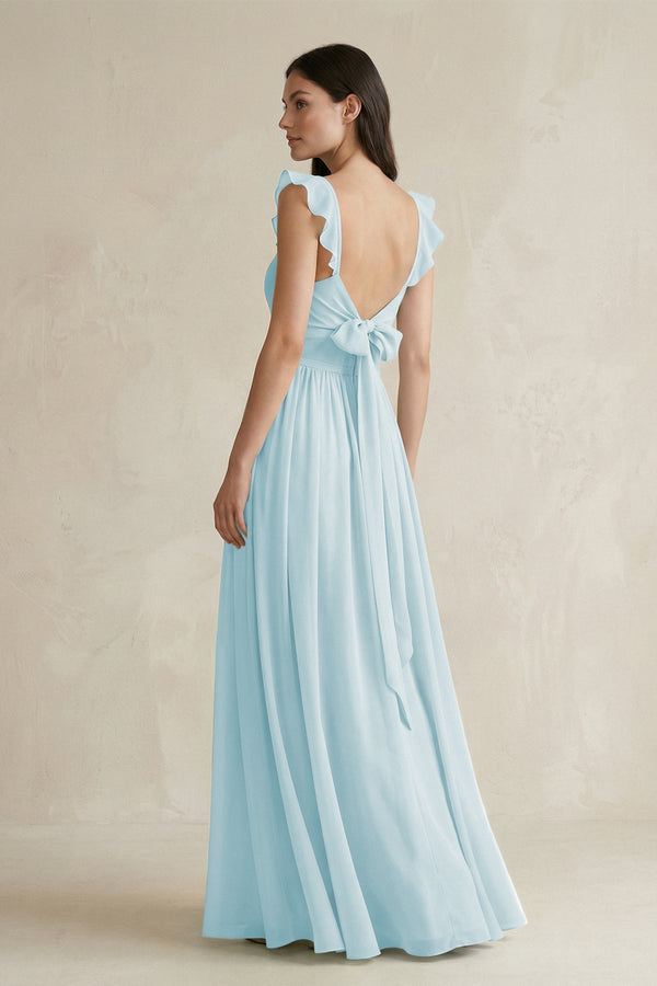 Ruffled Spaghetti Strap Chiffon A - Line Bridesmaid Dress in Sky Blue - KISS BRIDAL Bridesmaid Dresses