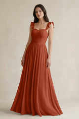 Ruffled Spaghetti Strap Chiffon A - Line Bridesmaid Dress in Spice - KISS BRIDAL Bridesmaid Dresses