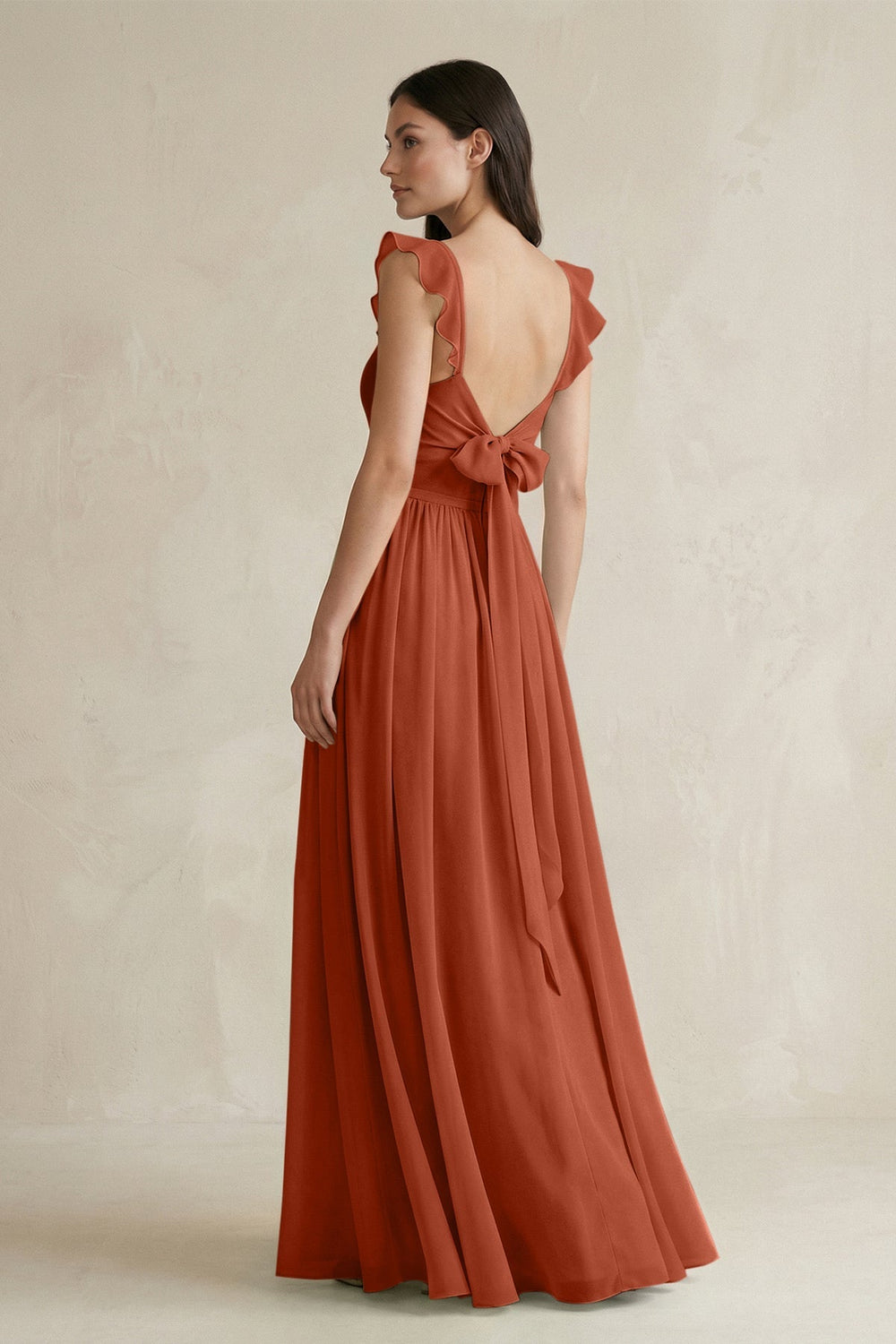 Ruffled Spaghetti Strap Chiffon A - Line Bridesmaid Dress in Spice - KISS BRIDAL Bridesmaid Dresses