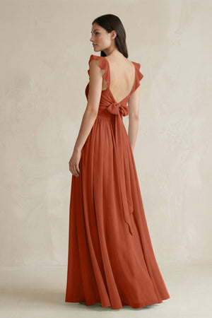 Ruffled Spaghetti Strap Chiffon A - Line Bridesmaid Dress in Spice - KISS BRIDAL Bridesmaid Dresses